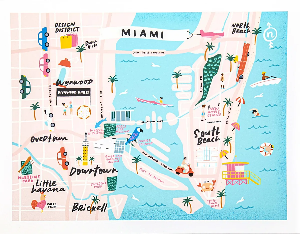 The hero image is a vibrant illustrated map of Miami, featuring colorful neighborhood names, palm trees, playful cartoon cars and boats, and lively scenes of people kayaking, sunbathing, and exploring iconic landmarks. The art style is cheerful and whimsical, evoking a sense of fun and adventure, and highlights Miami’s famous beaches, street art, and cultural hotspots.