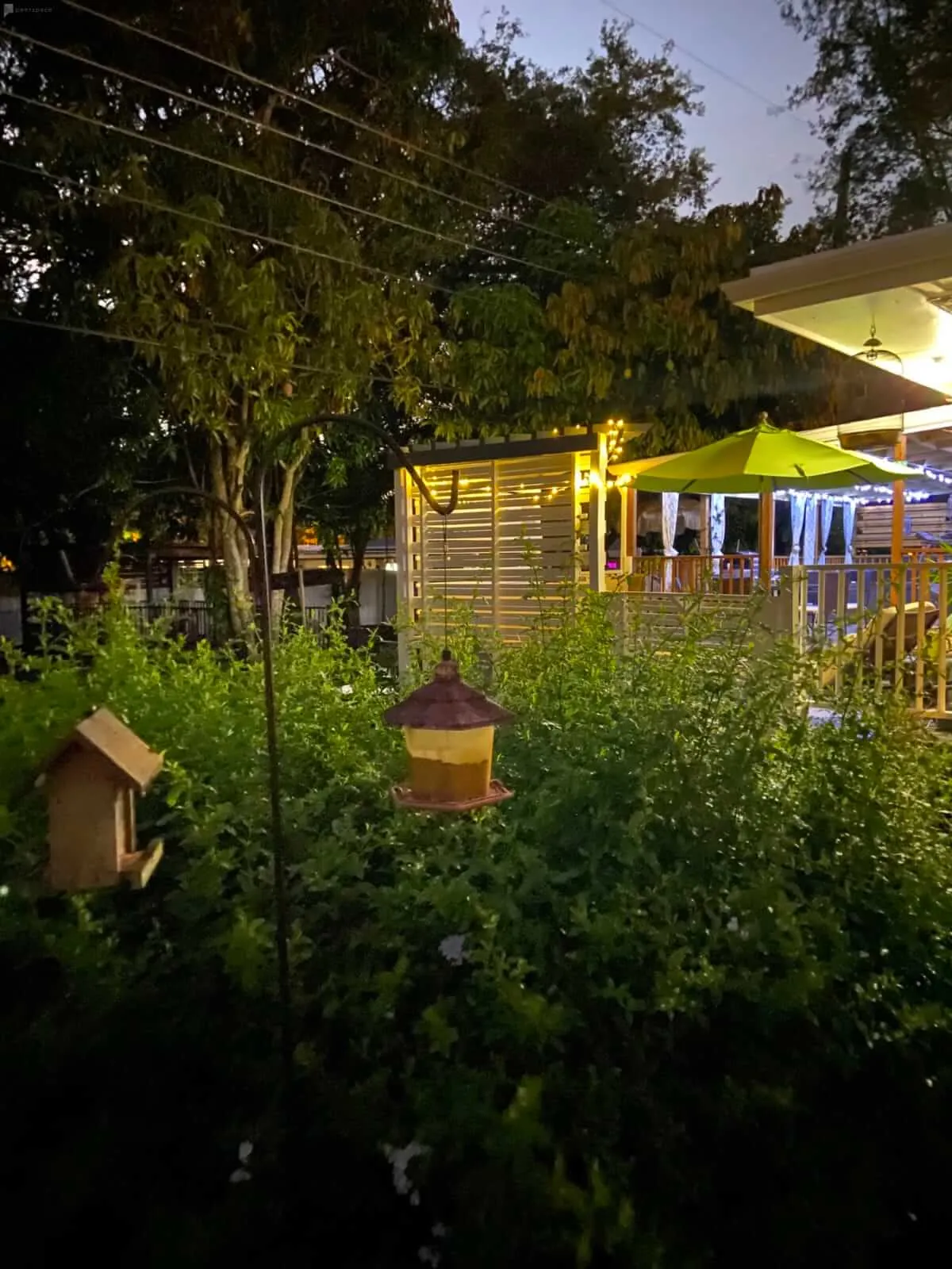 An illuminated covered patio adorned with string lights, a green patio umbrella, and a lush garden setting with bird feeders and tall trees. The scene invites evening dining, socializing, or quiet enjoyment of the garden’s ambiance.