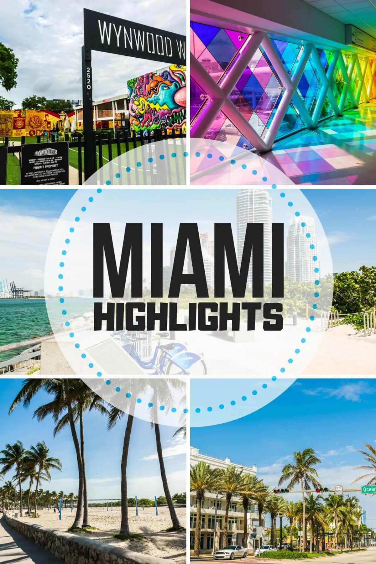 A vibrant exterior scene featuring the iconic Wynwood Walls' colorful street art murals, a sunlit corridor with rainbow stained glass, palm tree-lined sandy beaches with volleyball courts, and the Miami waterfront skyline. The area is lively, filled with tropical vacation vibes, and offers glimpses of Miami’s unique cultural and natural attractions.